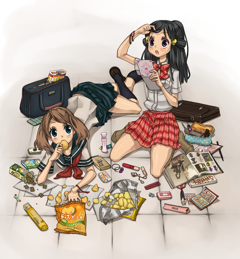 sasairebun, dawn (pokemon), may (pokemon), nintendo, pokemon, 2girls, book, bow, briefcase, food, lying, multiple girls, plaid clothes, plaid skirt, pleated skirt, school uniform, serafuku, skirt, socks