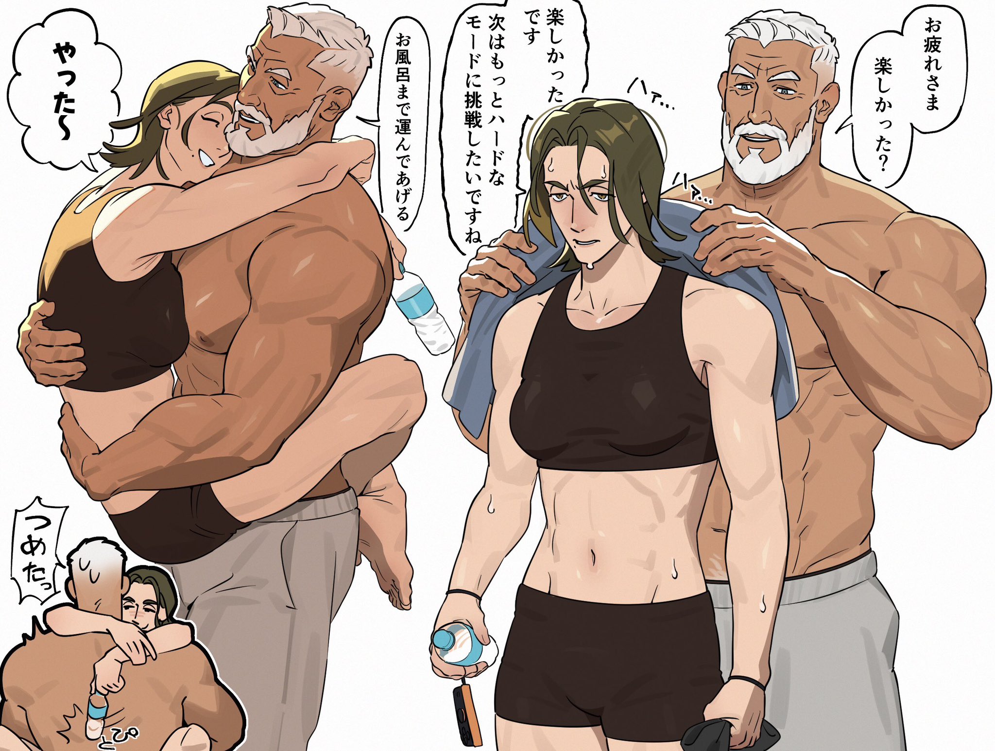 sa1k0p, original, highres, translation request, 1boy, 1girl, arms around neck, beard, black shorts, bottle, brown eyes, facial hair, full beard, green hair, grey pants, holding, holding bottle, holding towel, hug, leg lock, looking at another, mature female, mature male, multiple views, nipples, old, old man, open mouth, pants, parted bangs, short hair, shorts, simple background, smile, speech bubble, sports bra, sweat, sweatdrop, topless male, towel, water bottle, white background, white hair