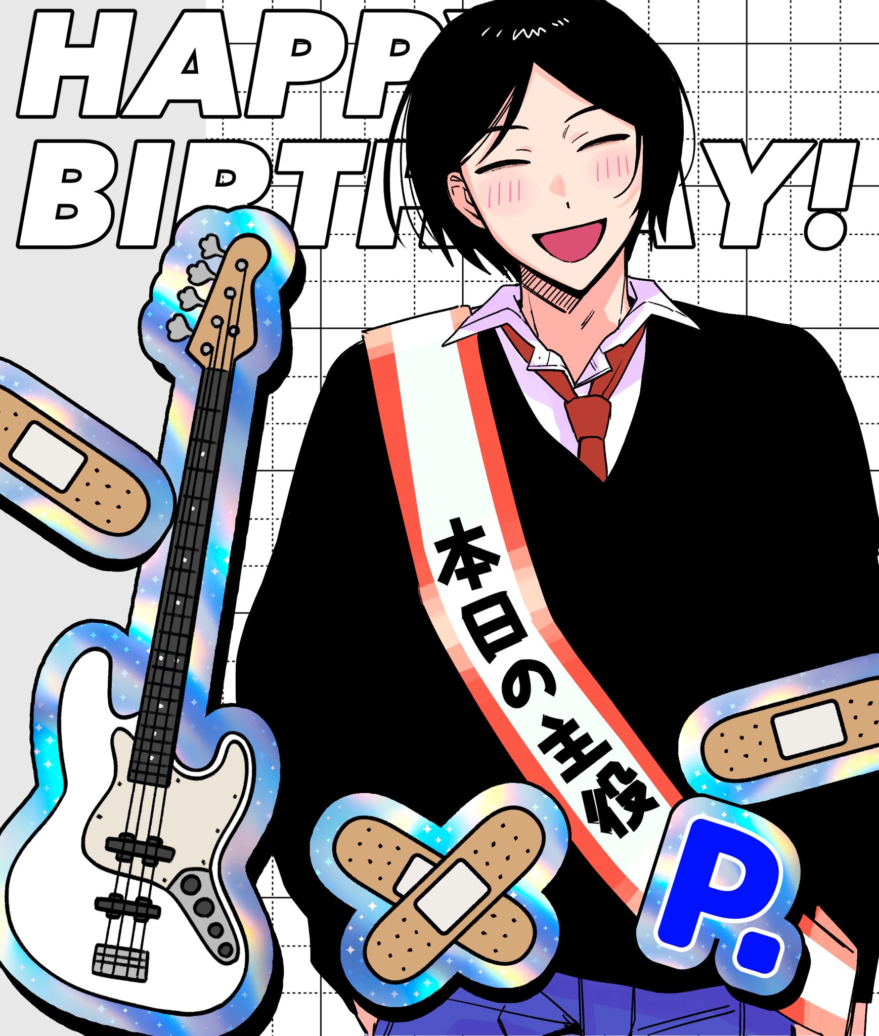 hotategaii, taguchi ryuuya, futsuu no keion-bu, commentary, english commentary, highres, 1boy, :d, ^ ^, bandaid, bass guitar, birthday sash, black hair, black sweater, blush, closed eyes, collared shirt, fender jazz bass, grid background, happy, happy birthday, instrument, male focus, necktie, open mouth, pants, parted bangs, red necktie, sash, school uniform, shirt, short hair, shoulder sash, smile, solo, sweater, upper body, white shirt