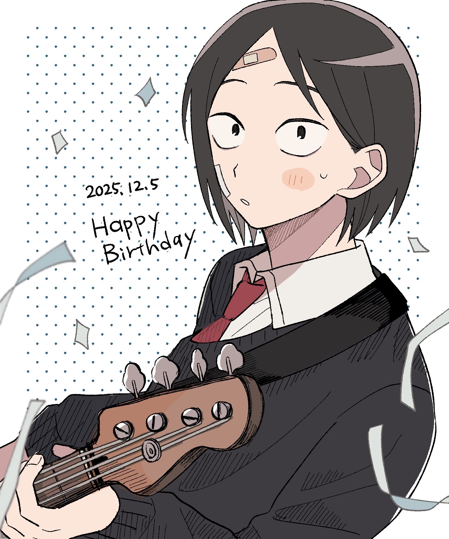 inusuki kogeta, taguchi ryuuya, futsuu no keion-bu, commentary request, highres, 1boy, bandaid, bandaid on face, bandaid on forehead, bass guitar, black eyes, black hair, black sweater, blush, collared shirt, confetti, dated, guitar strap, happy birthday, holding, holding bass guitar, holding instrument, instrument, male focus, necktie, parted bangs, parted lips, polka dot, polka dot background, red necktie, sanpaku, school uniform, shirt, short hair, small sweatdrop, solo, sweater, upper body, white shirt