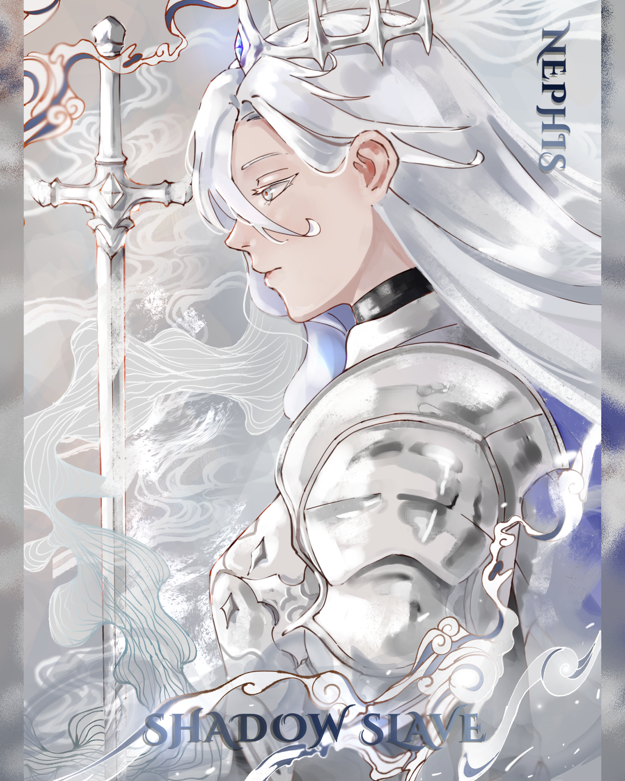 nephis (shadow slave), shadow slave, absurdres, commission, highres, 1girl, aphora, armor, character name, copyright name, crown, expressionless, from side, long hair, looking to the side, shoulder armor, solo, sword, upper body, weapon, white hair