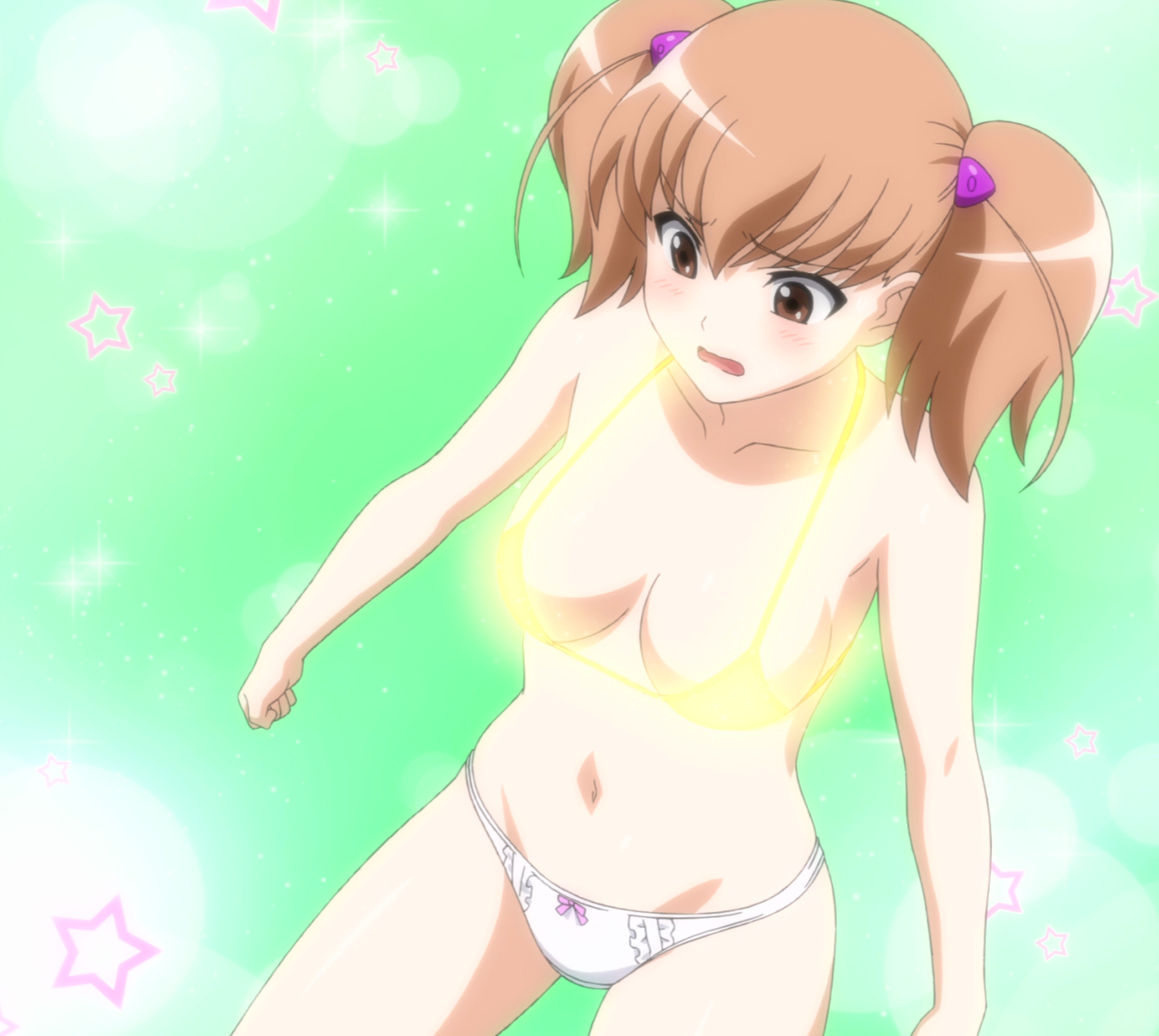 shiraishi kana (aika), aika (series), aika zero, anime screenshot, highres, non-web source, 00s, 1990s (style), blush, bra, brown eyes, brown hair, embarrassed, glowing, glowing bra, green background, holy bra, lingerie, panties, retro artstyle, twintails, underwear, wavy mouth