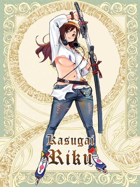 ryoji (nomura ryouji), silver rain, 1girl, breasts, brown eyes, brown hair, denim, female focus, full body, headphones, jeans, katana, large breasts, pants, sheath, smile, solo, sword, torn clothes, underboob, unsheathing, weapon