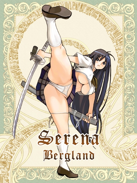 ryoji (nomura ryouji), silver rain, 1girl, black eyes, black hair, breasts, cameltoe, covered erect nipples, female focus, high kick, katana, kicking, large breasts, long hair, panties, plaid clothes, plaid skirt, plump, skirt, solo, sword, underboob, underwear, weapon