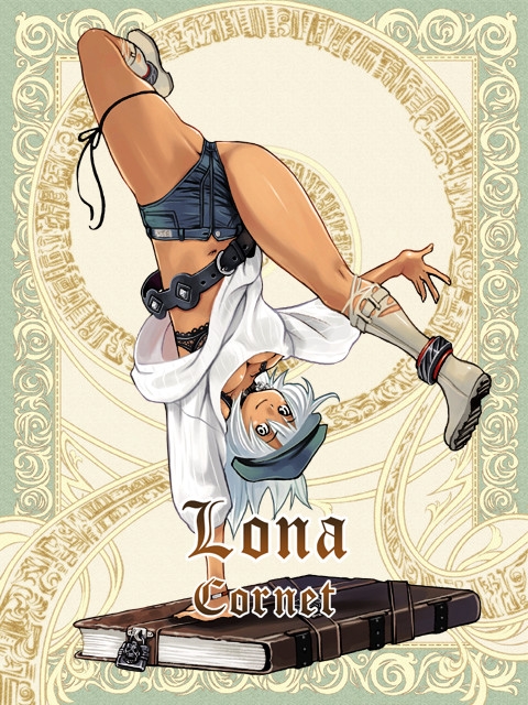 ryoji (nomura ryouji), lona cornet, silver rain, 1girl, belt, book, boots, bra, dark-skinned female, dark skin, female focus, handstand, hat, lingerie, one arm handstand, shorts, smile, solo, spread legs, underwear, white eyes, white hair