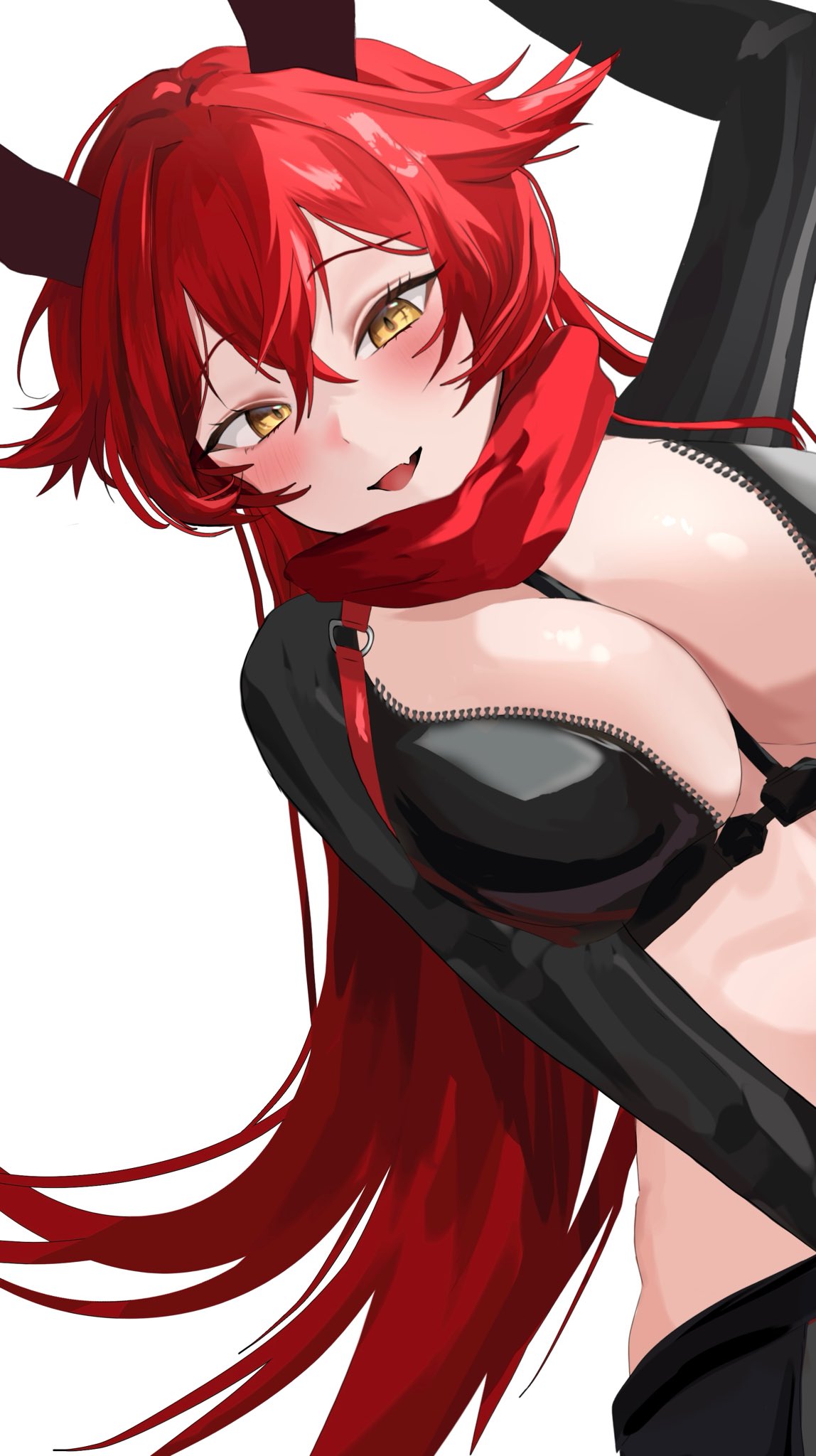 red hood (nikke), goddess of victory: nikke, highres, between breasts, blush, breasts, cleavage, fang, fingerless gloves, gloves, hair between eyes, horns, jacket, large breasts, leather, leather jacket, leather pants, long hair, looking at viewer, midriff, navel, open mouth, pants, red hair, red scarf, scarf, simple background, skin fang, smile, tato0324iti, white background, yellow eyes