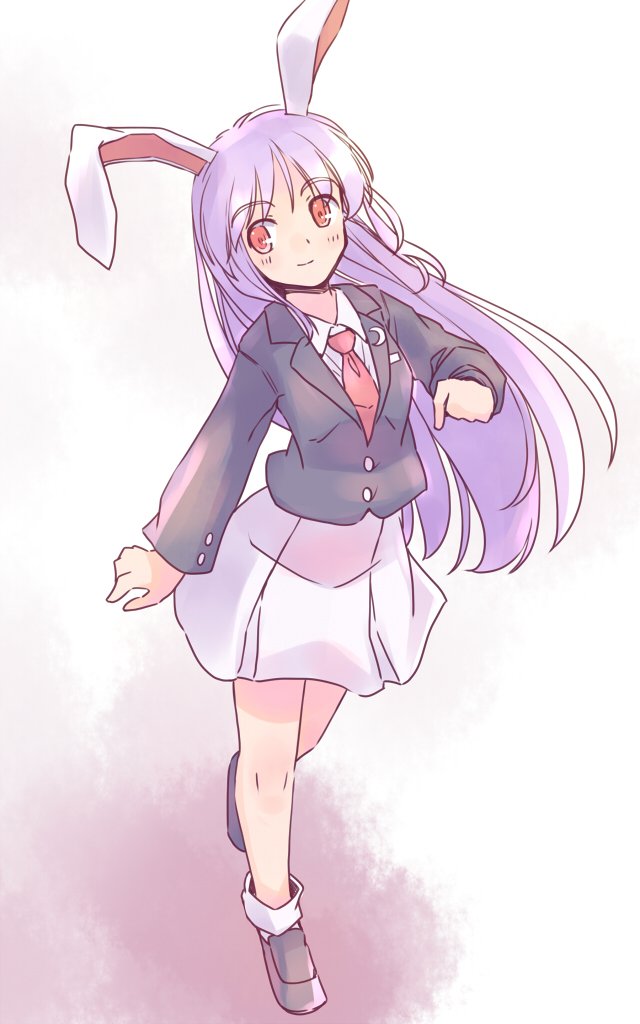 rangycrow, reisen udongein inaba, touhou, commentary request, 1girl, animal ears, black jacket, blush, brown shoes, buttons, collared shirt, crescent, crescent pin, from above, full body, jacket, knees, light smile, long hair, long sleeves, necktie, one-hour drawing challenge, pink skirt, purple hair, rabbit ears, rabbit girl, red eyes, red necktie, shirt, shoes, sideways glance, skirt, socks, solo, white shirt, white socks