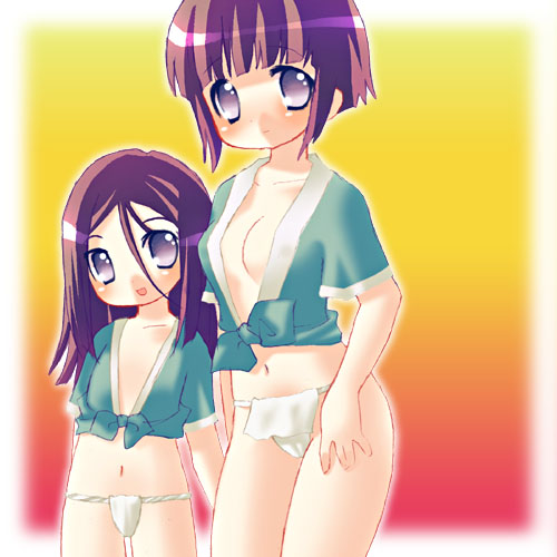 hyuuga hanabi, hyuuga hinata, naruto (classic), naruto (series), artist request, lowres, 2girls, aged down, blush, breasts, cameltoe, cleavage, flat chest, fundoshi, gradient background, japanese clothes, loli, multiple girls, open clothes, open shirt, shirt, siblings, sisters, smile