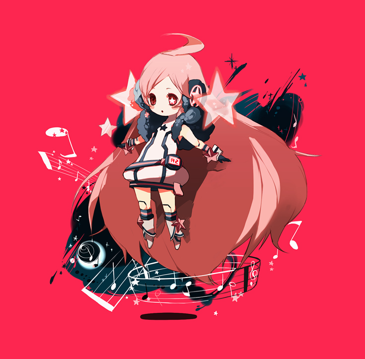 maruino, sf-a2 miki, vocaloid, ahoge, belt, boots, chibi, dress, gloves, headphones, headset, kneehighs, long hair, musical note, red eyes, red hair, socks, solo, star (symbol), striped clothes, striped gloves, striped socks, very long hair, wrist cuffs