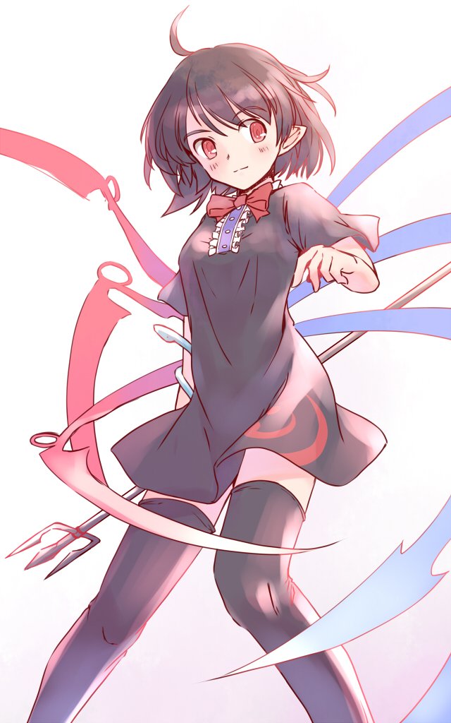 rangycrow, houjuu nue, touhou, commentary request, 1girl, ahoge, asymmetrical wings, black dress, black hair, black thighhighs, blue snake, bow, bowtie, breasts, dress, feet out of frame, hand up, holding, holding polearm, holding weapon, medium breasts, one-hour drawing challenge, pink background, pointy ears, polearm, red bow, red bowtie, red eyes, short hair, short sleeves, sideways glance, snake, snake wrapped around arm, solo, thighhighs, trident, weapon, wings, zettai ryouiki