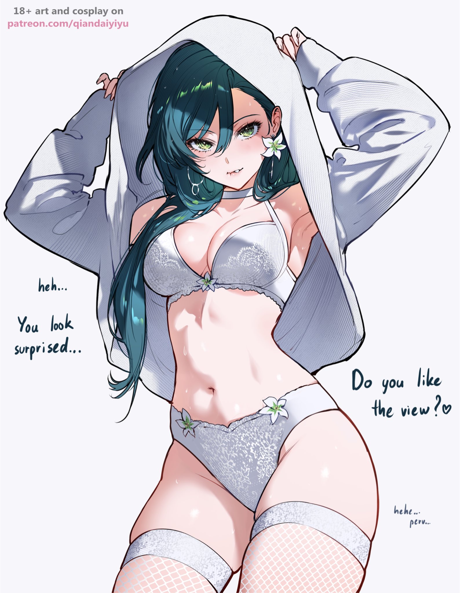 qiandaiyiyu, original, commentary, english commentary, highres, paid reward available, 1girl, armpits, arms up, biting own lip, bra, breasts, cowboy shot, earrings, english text, fishnet thighhighs, fishnets, green eyes, hair between eyes, jacket, jewelry, large breasts, long hair, long sleeves, looking at viewer, navel, open clothes, open jacket, panties, rin (qiandaiyiyu), simple background, solo, stomach, thighhighs, underwear, white background, white bra, white jacket, white panties