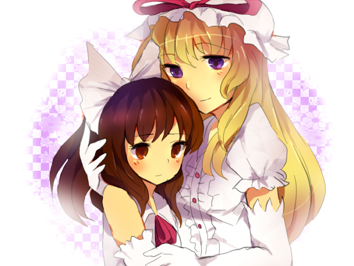 konoka, hakurei reimu, yakumo yukari, touhou, bad id, bad pixiv id, 2girls, blonde hair, blush, brown eyes, brown hair, elbow gloves, female focus, gloves, hair ribbon, long hair, multiple girls, purple eyes, ribbon, yuri