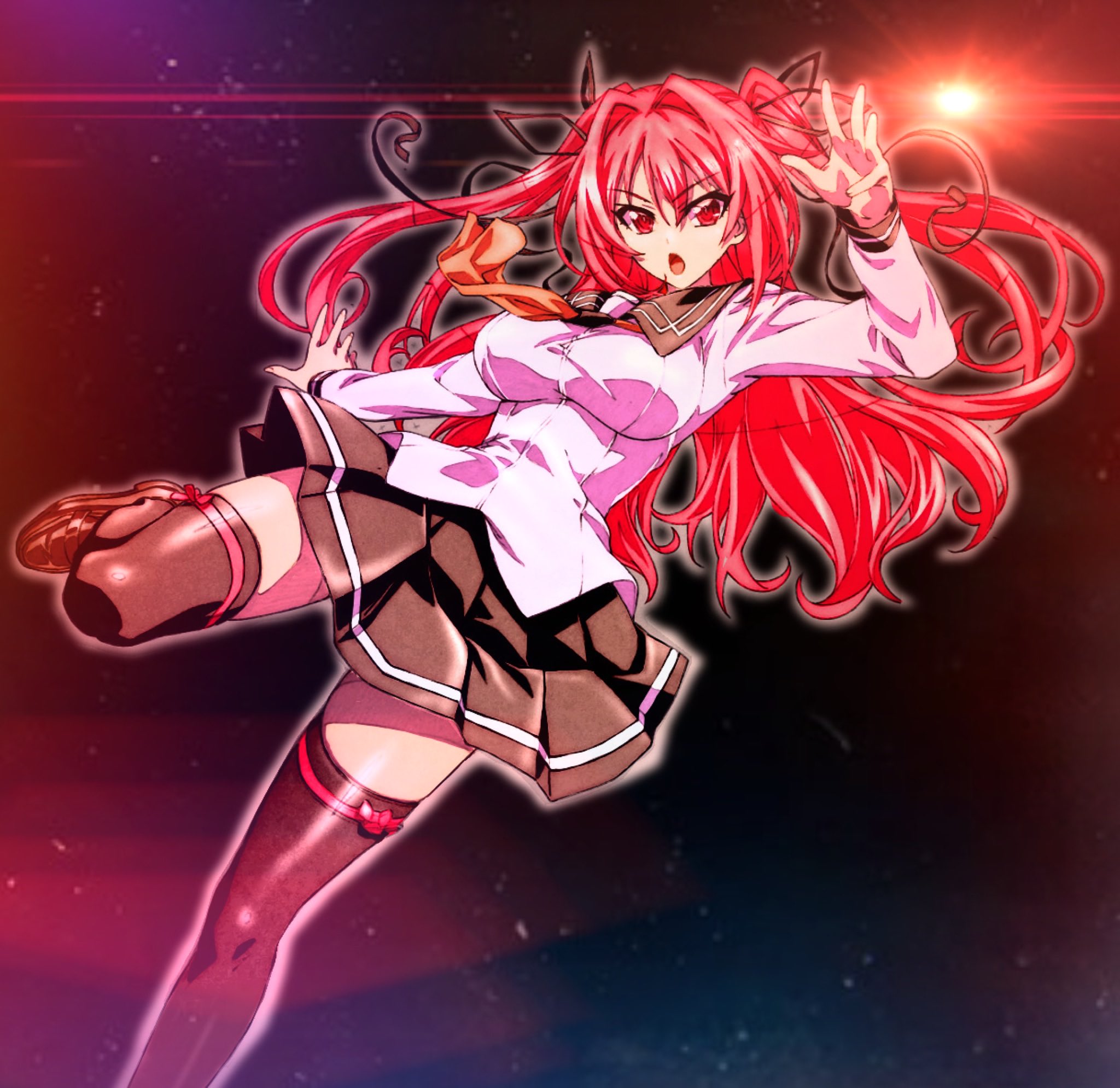 watanabe yoshihiro, naruse mio, shinmai maou no testament, commentary request, highres, photoshop (medium), 1girl, :o, black thighhighs, breasts, foot out of frame, hair ribbon, hand up, large breasts, leg up, loafers, long hair, long sleeves, looking at viewer, neckerchief, official artist extra, open mouth, pink shirt, red eyes, red hair, red neckerchief, ribbon, school uniform, serafuku, shirt, shoes, sky, solo, standing, standing on one leg, star (sky), starry sky, thighhighs, two side up, v-shaped eyebrows, zettai ryouiki