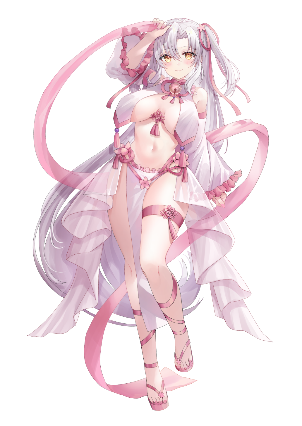 fujimori shiki, original, highres, revision, 1girl, arm up, bare shoulders, bell, breast curtains, breasts, breasts apart, closed mouth, detached sleeves, full body, jingle bell, large breasts, long hair, long sleeves, looking at viewer, navel, parted bangs, pelvic curtain, revealing clothes, sandals, sash, simple background, smile, solo, standing, stomach, tassel, thigh strap, thighs, two side up, very long hair, white background, white hair, yellow eyes