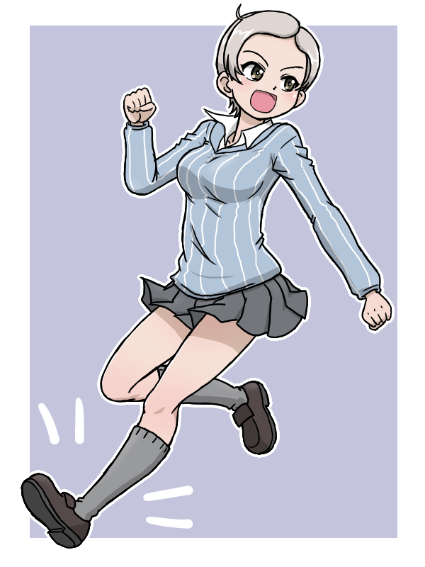 takahashi kurage, ari (girls und panzer), girls und panzer, 1girl, blue background, blush, breasts, brown eyes, full body, keizoku school uniform, medium breasts, miniskirt, open mouth, school uniform, short hair, simple background, skirt, smile, solo, white hair