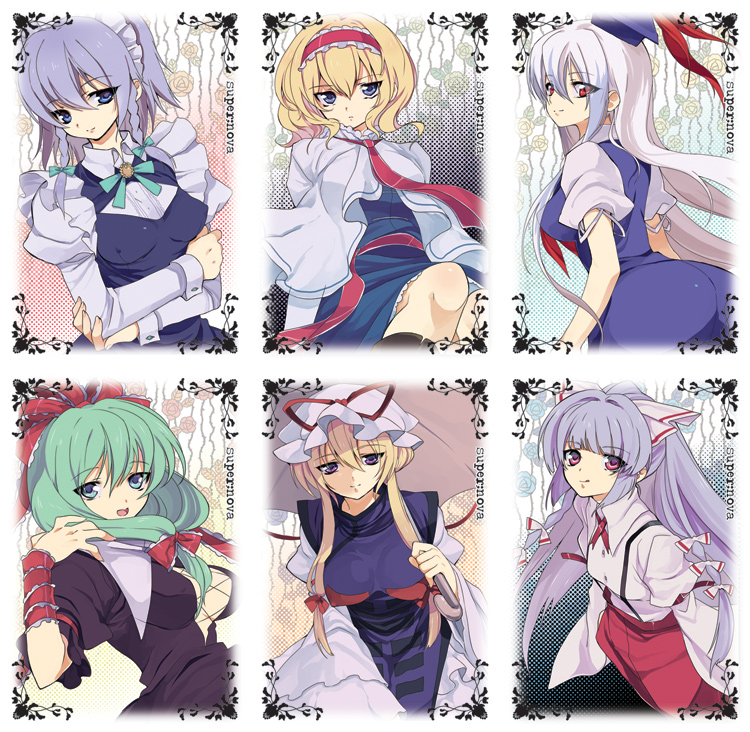 yukimachi, yukimachi tounosuke, alice margatroid, fujiwara no mokou, izayoi sakuya, kagiyama hina, kamishirasawa keine, yakumo yukari, touhou, 6+girls, dress, female focus, frills, front ponytail, hat, long hair, looking at viewer, multiple girls