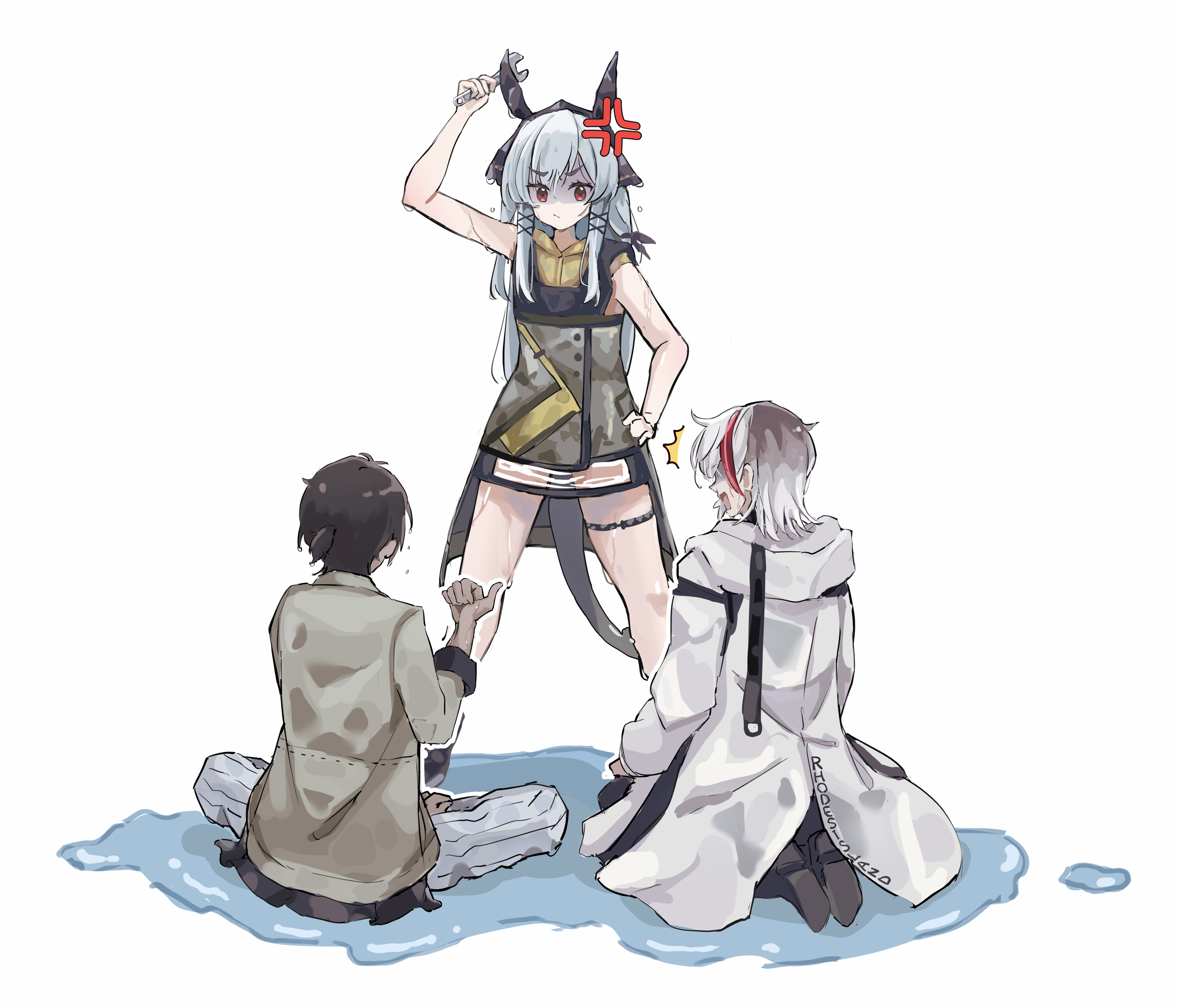 riu kawano, elysium (arknights), thorns (arknights), weedy (arknights), arknights, absurdres, commentary, highres, 1girl, 2boys, anger vein, arm up, closed mouth, coat, dress, from behind, full body, grey hair, hair ornament, holding, holding wrench, long hair, multicolored hair, multiple boys, open mouth, pants, pointing, pointing at another, red eyes, red hair, short hair, sitting, standing, streaked hair, tail, wet, white background, white coat, white hair, wrench