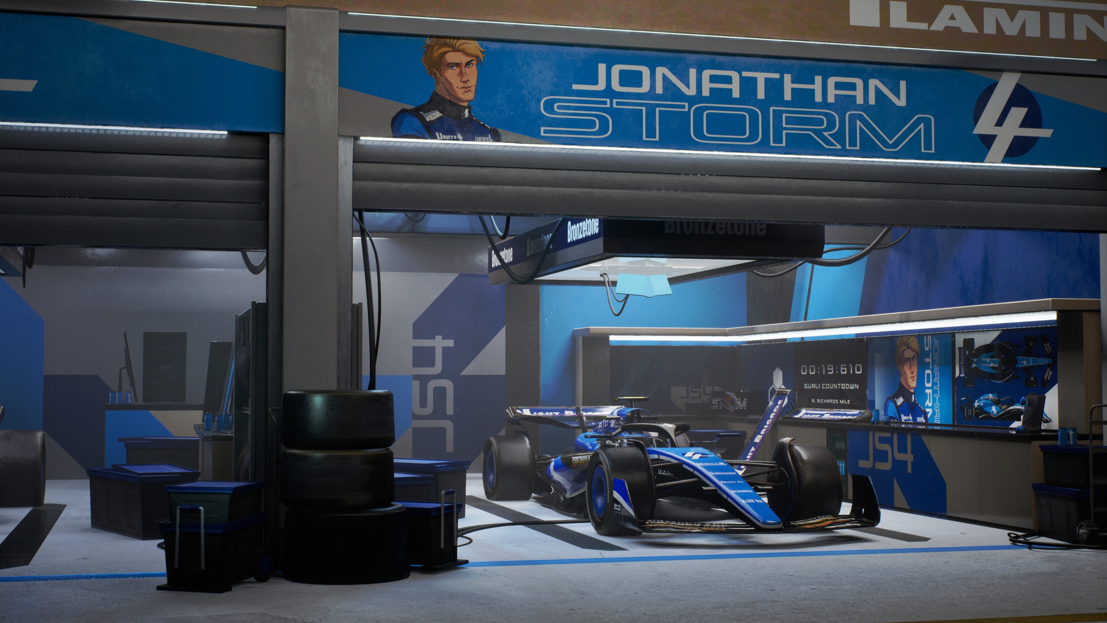 underscorecip, johnny storm, fantastic four, formula one, marvel, absurdres, commentary, english commentary, highres, 1boy, 3d, alternate universe, blonde hair, blue eyes, blue jumpsuit, blue racing suit, blue theme, cable, car, character name, copyright name, crossover, english text, formula racer, garage, jumpsuit, motor vehicle, portrait, race vehicle, racecar, spoiler (automobile)