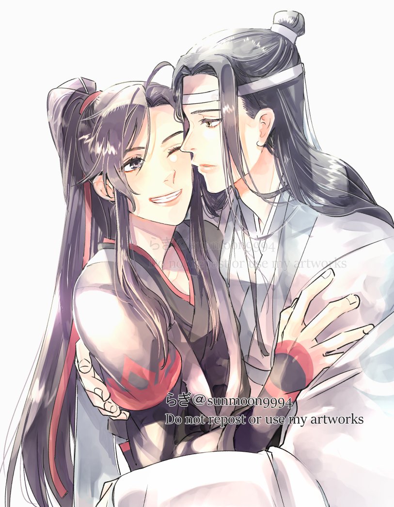 lan wangji, wei wuxian, modao zushi, 2boys, ahoge, black hair, black hanfu, brown eyes, chinese clothes, couple, eyelashes, grey eyes, grin, hair ribbon, hanfu, headband, high ponytail, hug, imminent kiss, long hair, long sleeves, looking at another, male focus, multiple boys, one eye closed, ponytail, red ribbon, ribbon, robe, sidelocks, simple background, sleeves past wrists, smile, sunmoon9994, topknot, twitter username, upper body, watermark, white background, white hanfu, white headband, wide sleeves, xiao guan (headdress), yaoi, yellow eyes
