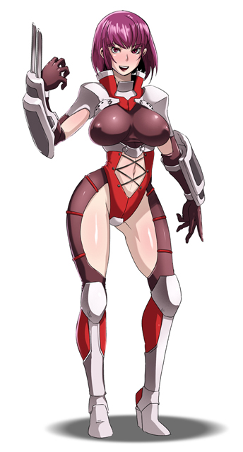 butcha-u, oboro (taimanin asagi), taimanin (series), taimanin asagi, 00s, 1girl, boots, breasts, covered erect nipples, elbow gloves, female focus, gauntlets, gloves, hip focus, large breasts, leotard, purple hair, short hair, solo, wide hips