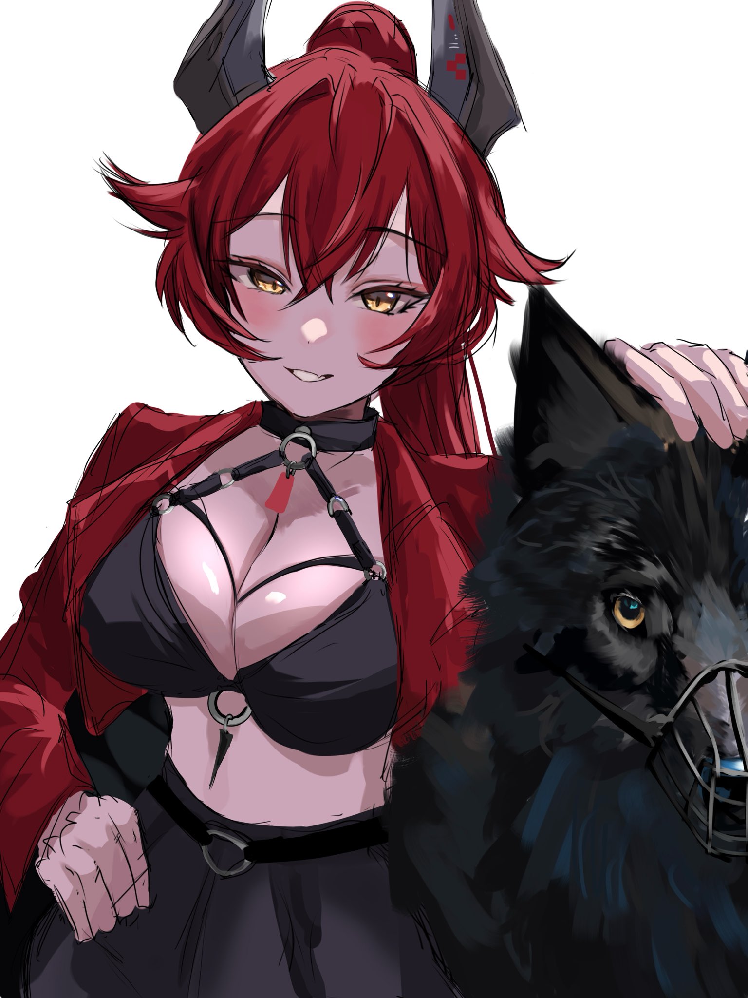red hood (nikke), goddess of victory: nikke, highres, blush, breasts, cleavage, fangs, grin, hair between eyes, hand on another's head, hand on own hip, horns, jacket, large breasts, leather, leather jacket, leather pants, long hair, looking at viewer, midriff, muzzle (mask), navel, pants, red hair, red jacket, red scarf, scarf, simple background, smile, tato0324iti, white background, wolf, yellow eyes