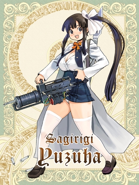ryoji (nomura ryouji), silver rain, 1girl, :d, black eyes, black hair, breasts, cleavage, female focus, full body, gun, lab coat, large breasts, large syringe, long hair, miniskirt, open mouth, oversized object, panties, plaid clothes, plaid skirt, plump, ponytail, side ponytail, skirt, smile, solo, syringe, thighhighs, underwear, weapon