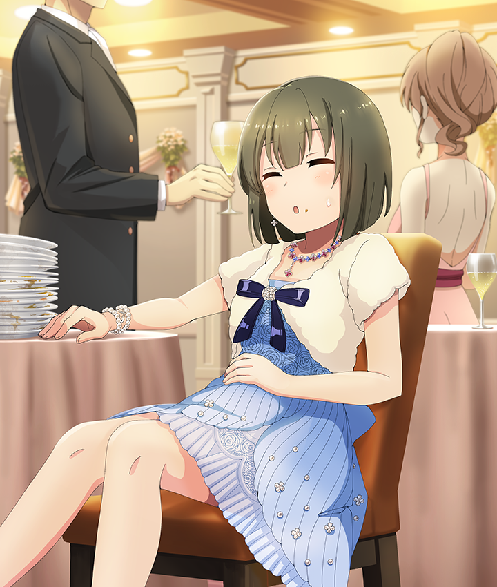 ban tsugumi, toji no miko, toji no miko: kizamishi issen no tomoshibi, game cg, official art, third-party source, 1boy, 2girls, backless dress, backless outfit, bare back, black suit, blue bow, blue dress, blunt ends, blush, bob cut, bow, bracelet, breasts, brown hair, ceiling light, chair, champagne flute, closed eyes, cup, double-parted bangs, dress, drinking glass, feet out of frame, food, food on face, formal clothes, full stomach, green hair, hand on own stomach, hand on table, holding, holding cup, indoors, jewelry, long sleeves, multiple girls, necklace, on chair, open mouth, pearl bracelet, pink dress, plate, plate stack, round table, short hair, short sleeves, shrug (clothing), side ponytail, sitting, small breasts, small sweatdrop, solo focus, suit, table, tablecloth, white shrug