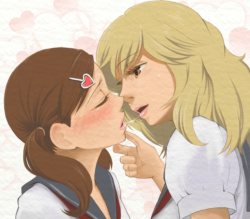 censored (artist), sekine tamami, sugiyama satoko, girl friends (manga), bad id, bad pixiv id, 2girls, blonde hair, blush, brown hair, closed eyes, couple, hair ornament, hairclip, heart, kiss, lips, long hair, multiple girls, open mouth, saliva, saliva trail, school uniform, short hair, short twintails, simple background, sweat, tears, twintails, yuri