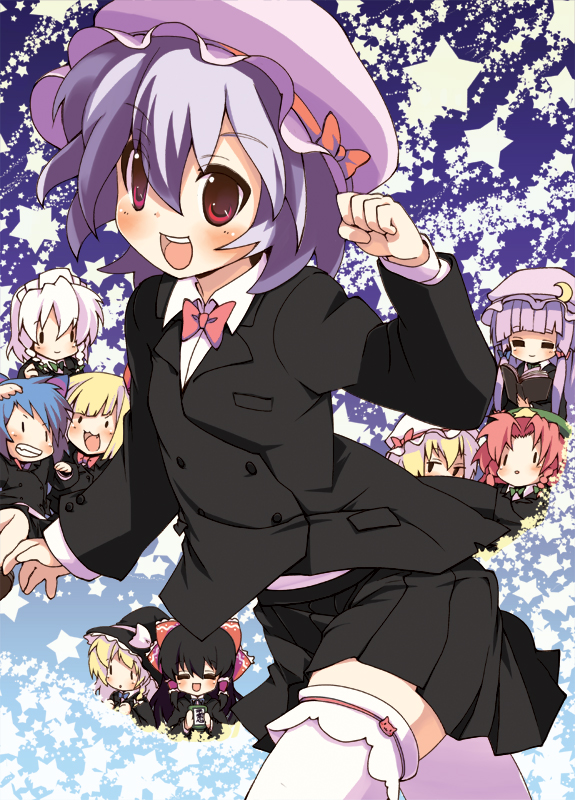 sora to umi, cirno, flandre scarlet, hakurei reimu, hong meiling, izayoi sakuya, kirisame marisa, patchouli knowledge, remilia scarlet, rumia, embodiment of scarlet devil, touhou, 6+girls, alternate costume, black hair, blonde hair, blue hair, book, bow, bowtie, buttons, contemporary, double-breasted, formal clothes, happy, hat, multiple girls, purple hair, red eyes, red hair, school uniform, skirt, skirt suit, star (symbol), suit, thighhighs, traditional bowtie, white hair, white thighhighs, witch, witch hat, zettai ryouiki