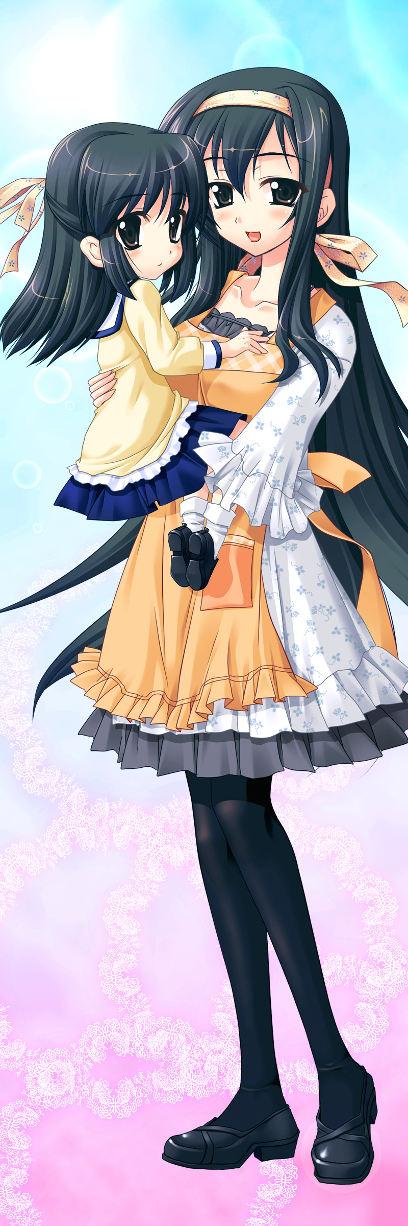 kanna, kanna (plum), miwa fuzuki, sakura tale, absurdres, highres, long image, tall image, 1girl, apron, black hair, child, female focus, hair ribbon, hairband, half updo, holding, long hair, pantyhose, ribbon, shoes, solo, very long hair