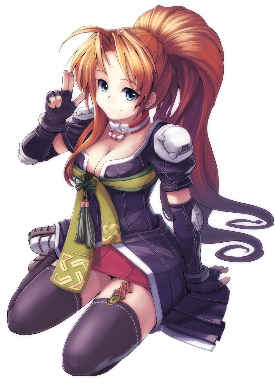 christinya, original, bad id, bad pixiv id, highres, 1girl, blue eyes, breasts, cleavage, collar, elbow gloves, female focus, fingerless gloves, gloves, large breasts, ponytail, red hair, salute, sitting, skirt, smile, solo, thighhighs