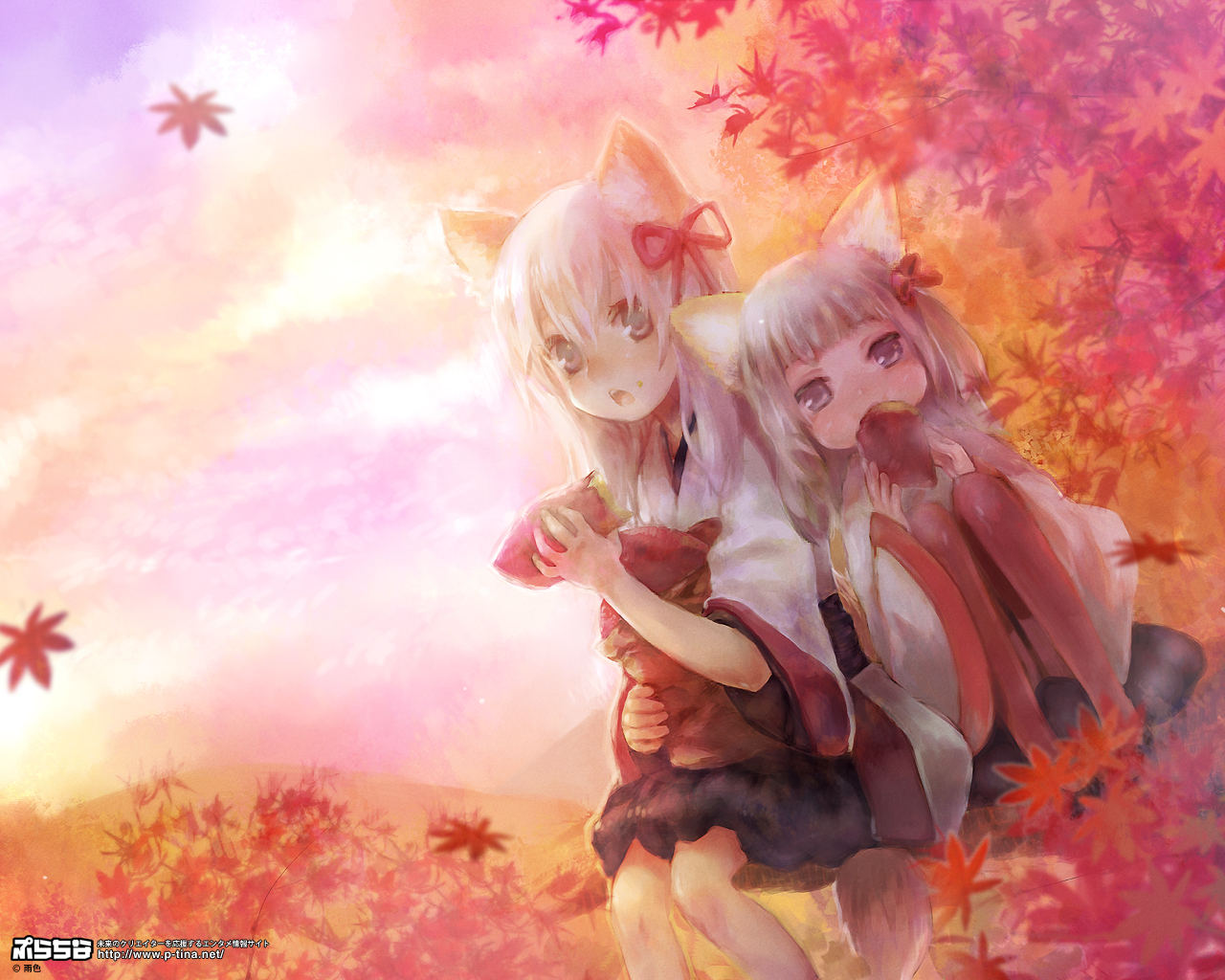 ameiro, original, 2girls, animal ears, autumn, eating, food, fox ears, hair ribbon, japanese clothes, leaf, maple leaf, miko, multiple girls, nature, ribbon, roasted sweet potato, sweet potato, white hair