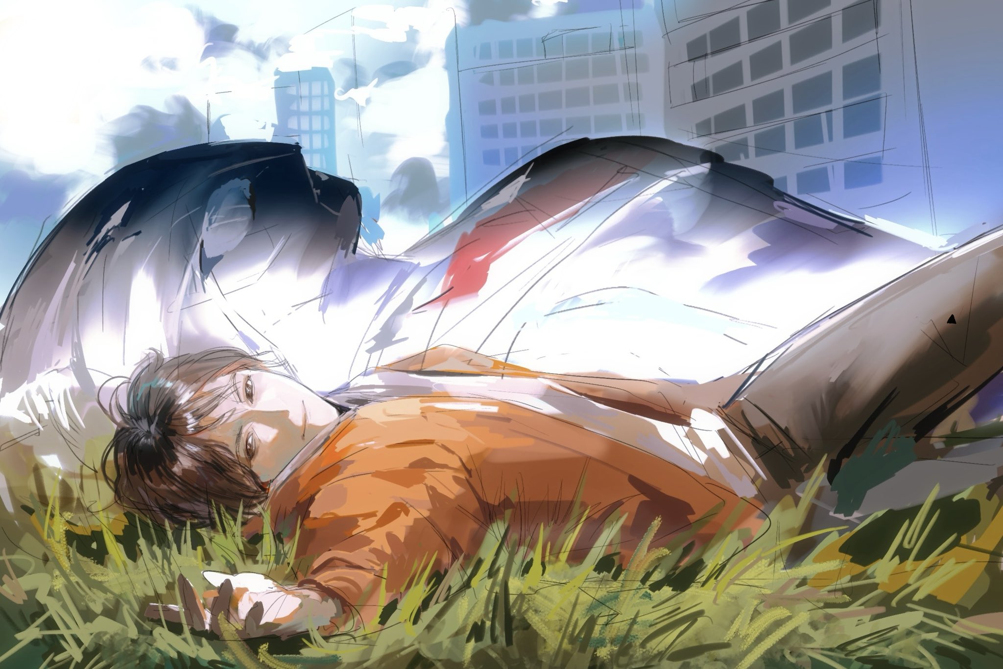ultra series, character request, copyright request, highres, 2boys, asandag75379, black hair, black pants, jacket, looking at viewer, lying, male focus, multiple boys, on back, on grass, orange jacket, pants, shirt, short hair, sketch, smile, white shirt