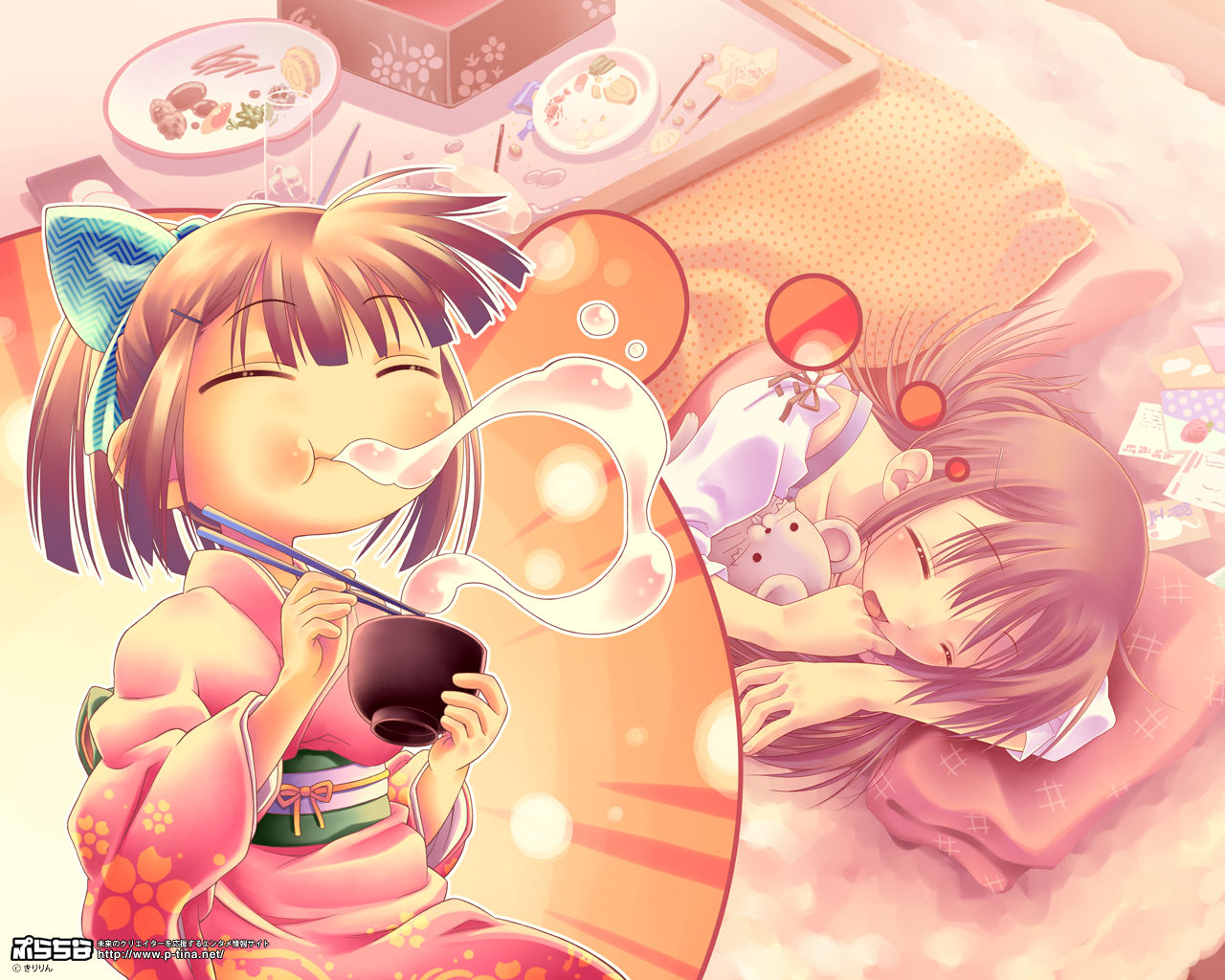 kiririn, original, 1girl, brown hair, dreaming, eating, female focus, food, japanese clothes, kimono, kotatsu, lying, mochi, nengajou, new year, on side, osechi, sleeping, solo, stuffed animal, stuffed toy, table, wagashi, winter