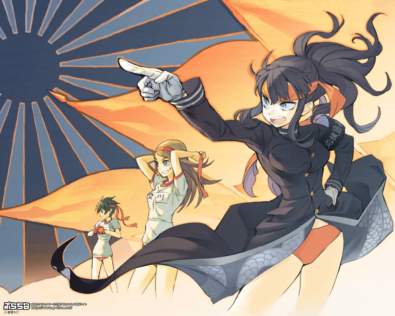 noto hisahito, original, 3girls, armband, black hair, brown hair, buruma, cheerleader, flag, gakuran, gloves, gym uniform, hachimaki, headband, long hair, multiple girls, ouendan, ponytail, school uniform, white gloves