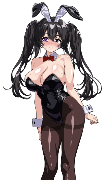 gureishugari, original, commentary request, 1girl, animal ear hairband, animal ears, black hair, black leotard, black pantyhose, blush, bow, bowtie, breasts, covered navel, detached collar, fake animal ears, feet out of frame, hairband, large breasts, leotard, long hair, nose blush, pantyhose, playboy bunny, purple eyes, rabbit ears, red bow, red bowtie, simple background, smile, solo, strapless, strapless leotard, thighband pantyhose, twintails, white background, wrist cuffs
