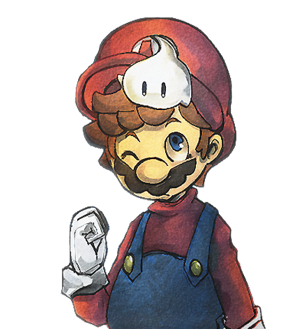 kayako (bimabima), luma (mario), mario, mario (series), nintendo, super mario galaxy, lowres, 1boy, blouse, blue eyes, blue overalls, brown hair, facial hair, gloves, hat, male focus, mustache, one eye closed, overalls, red hat, red shirt, shirt, solo, wink