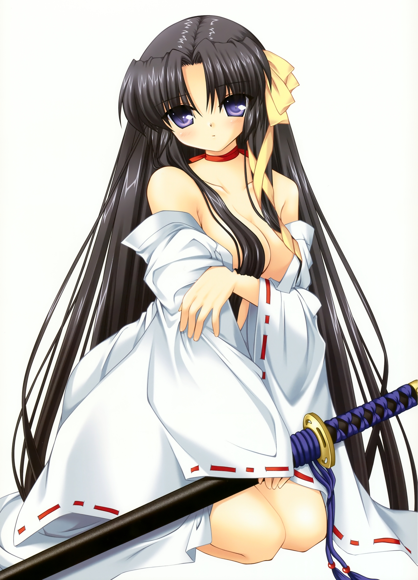 hinoue itaru, kurugaya yuiko, little busters!, breast hold, highres, official art, 1girl, bare shoulders, black hair, breasts, choker, female focus, hair censor, hair over breasts, japanese clothes, kneeling, no bra, nude, off shoulder, purple eyes, ribbon, sheath, sheathed, solo, sword, topless female, weapon
