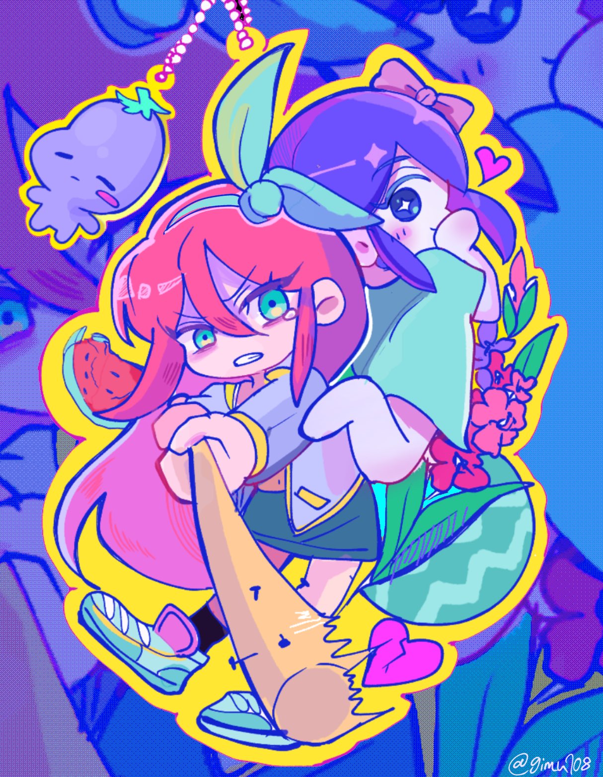 gimu108, aubrey (faraway) (omori), aubrey (headspace) (omori), aubrey (omori), mr. plantegg (omori), omori, commentary, english commentary, highres, + +, 2girls, artist name, barefoot, black socks, blue eyes, blue hairband, blue shirt, blue skirt, bow, character charm, charm (object), chibi, chibi only, colored skin, crop top, denim, denim skirt, double-parted bangs, flower, gladiolus, hair between eyes, hair bow, hairband, heart, jacket, long hair, long shirt, long sleeves, looking at viewer, multiple girls, navel, open clothes, open jacket, outline, parted lips, pink bow, pink hair, purple eyes, purple hair, shirt, shoes, short sleeves, sidelocks, skirt, sneakers, socks, t-shirt, tearing up, teeth, twitter username, white jacket, white skin, yellow outline, zoom layer