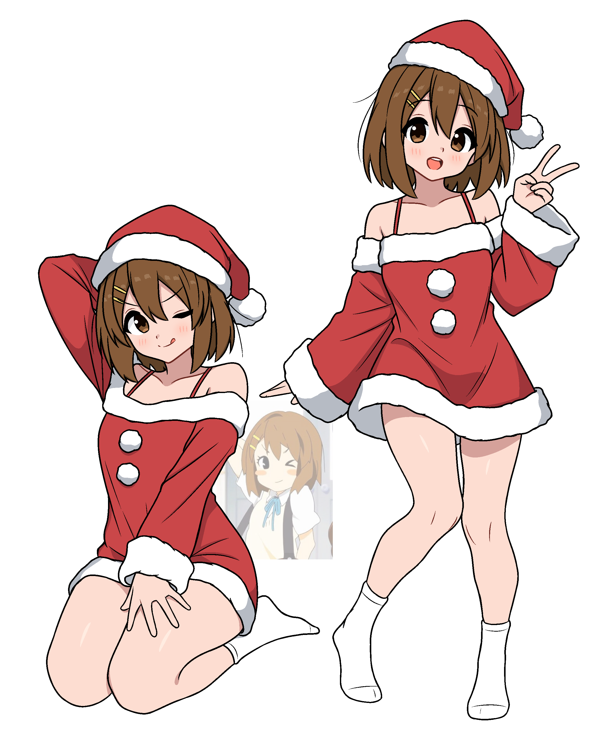 64vii, hirasawa yui, k-on!, absurdres, commentary, english commentary, highres, 1girl, :o, ;q, arm behind head, arm up, bare shoulders, blush, bra strap, brown eyes, brown hair, christmas, closed mouth, collarbone, detached sleeves, dress, full body, fur-trimmed dress, fur-trimmed headwear, fur-trimmed sleeves, fur trim, hair between eyes, hair ornament, hairpin, hand on own thigh, hat, knees, long sleeves, looking at viewer, multiple views, no shoes, off shoulder, one eye closed, open mouth, outline, red dress, santa costume, santa dress, santa hat, short hair, smile, socks, standing, tongue, tongue out, v, white background, white socks