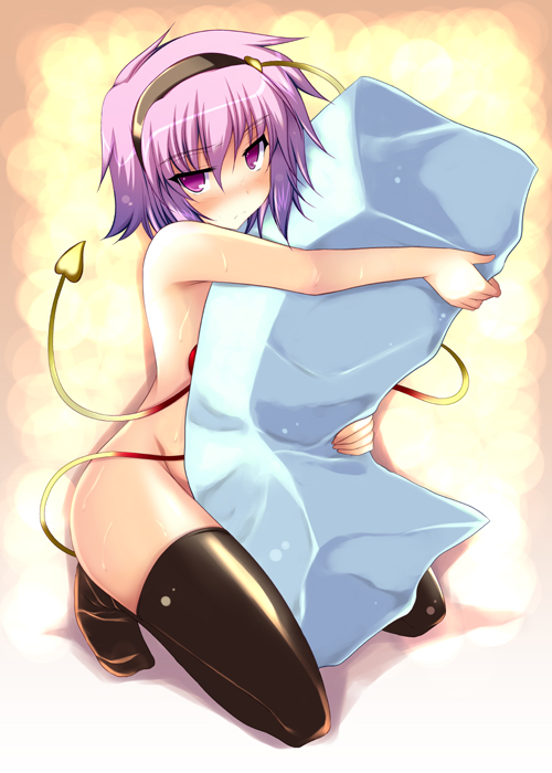 ibuki pon, komeiji satori, touhou, bad id, bad pixiv id, 1girl, black thighhighs, blush, female focus, hairband, heart, hug, hugging object, kneeling, nude, pillow, pillow hug, pink eyes, pink hair, purple eyes, short hair, solo, sweat, thighhighs