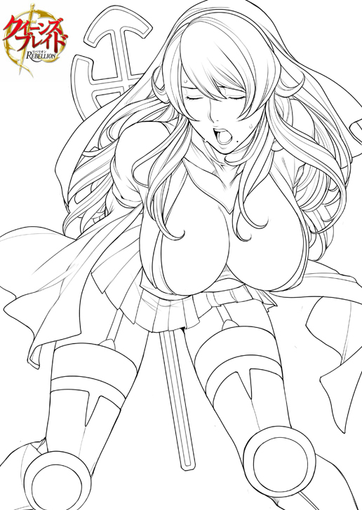 oda non, sigui (queen's blade), queen's blade, queen's blade rebellion, 00s, 10s, 1girl, armor, bent over, breasts, cleavage, cleavage cutout, clothing cutout, copyright name, female focus, garter straps, greaves, hair between eyes, large breasts, legs apart, lineart, long hair, miniskirt, mole, monochrome, no bra, open mouth, simple background, skirt, solo, sweat, thighhighs, white background