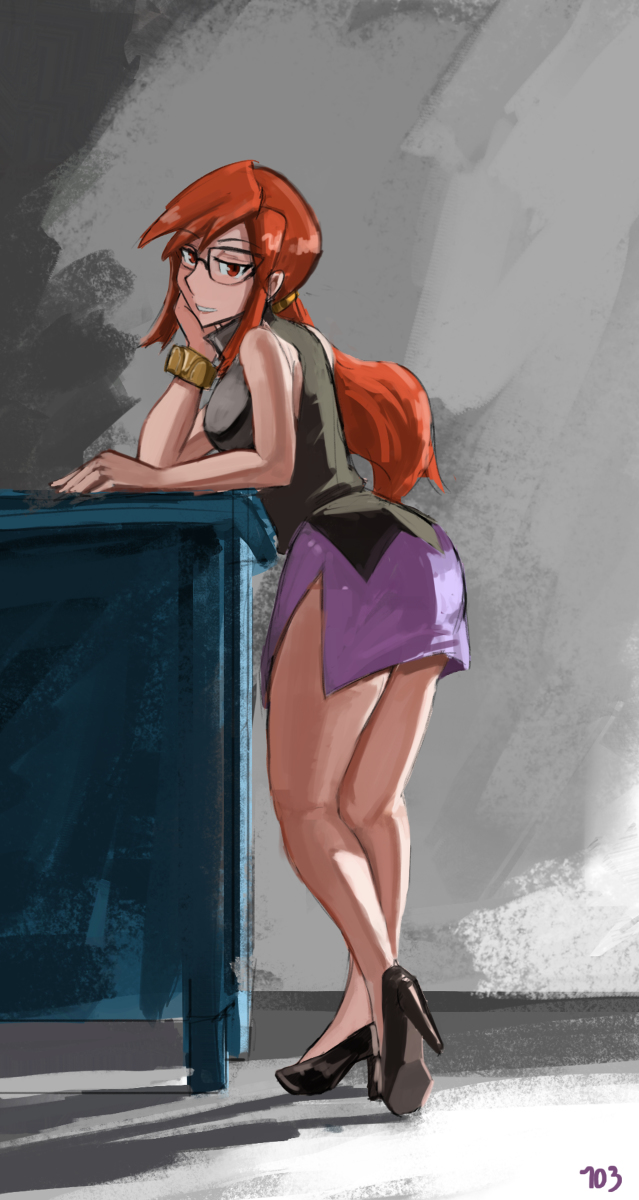 103anon, lorelei (pokemon), nintendo, pokemon, pokemon frlg, highres, 1girl, ass, bare shoulders, bracelet, breasts, desk, glasses, grey background, high heels, jewelry, large breasts, light rays, long hair, ponytail, red hair, skirt, sleeveless, teeth