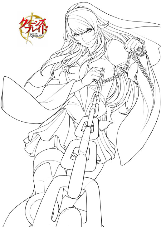 oda non, sigui (queen's blade), queen's blade, queen's blade rebellion, habit, 00s, 10s, 1girl, armor, breasts, chain, chain leash, cleavage, cleavage cutout, clothing cutout, copyright name, female focus, foreshortening, garter straps, greaves, hair between eyes, leash, lineart, long hair, miniskirt, mole, monochrome, pov, simple background, skirt, smile, solo, standing, thighhighs, v-shaped eyebrows, viewer on leash, white background