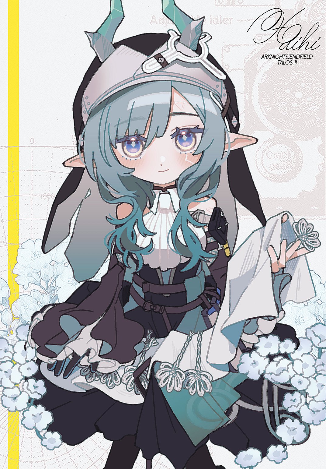 sanada ima, xaihi (arknights), arknights, arknights: endfield, commentary, highres, 1girl, antlers, black dress, black gloves, black veil, blue gloves, blue hair, blush, character name, diamond-shaped pupils, diamond (shape), dress, flower, gloves, horns, horns through headwear, long hair, long sleeves, pointy ears, purple eyes, sidelocks, simple background, single glove, solo, symbol-shaped pupils, two-sided gloves, veil, white background, white flower