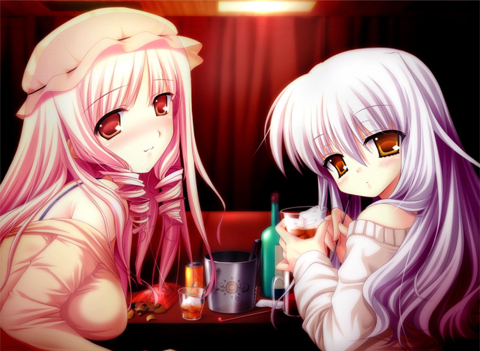 highres, 2girls, blush, cup, drill hair, drink, glass, ice, long hair, multiple girls, pink hair, purple hair, red eyes, smile
