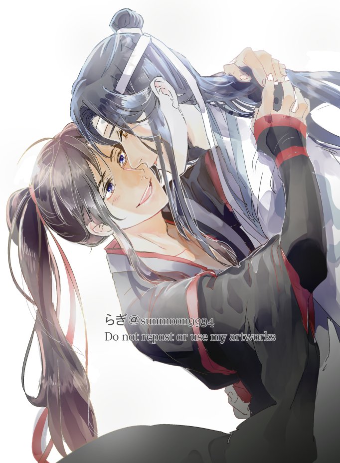 lan wangji, wei wuxian, modao zushi, commentary, symbol-only commentary, 2boys, ahoge, bishounen, black hair, black hanfu, blush, brown hair, chinese clothes, couple, eye contact, hair ribbon, hanfu, headband, high ponytail, hug, imminent kiss, long hair, long sleeves, looking at another, male focus, multiple boys, open mouth, parted lips, ponytail, purple eyes, red ribbon, ribbon, robe, sidelocks, simple background, sleeves past wrists, smile, sunmoon9994, topknot, twitter username, watermark, white background, white hanfu, white headband, wide sleeves, yaoi, yellow eyes