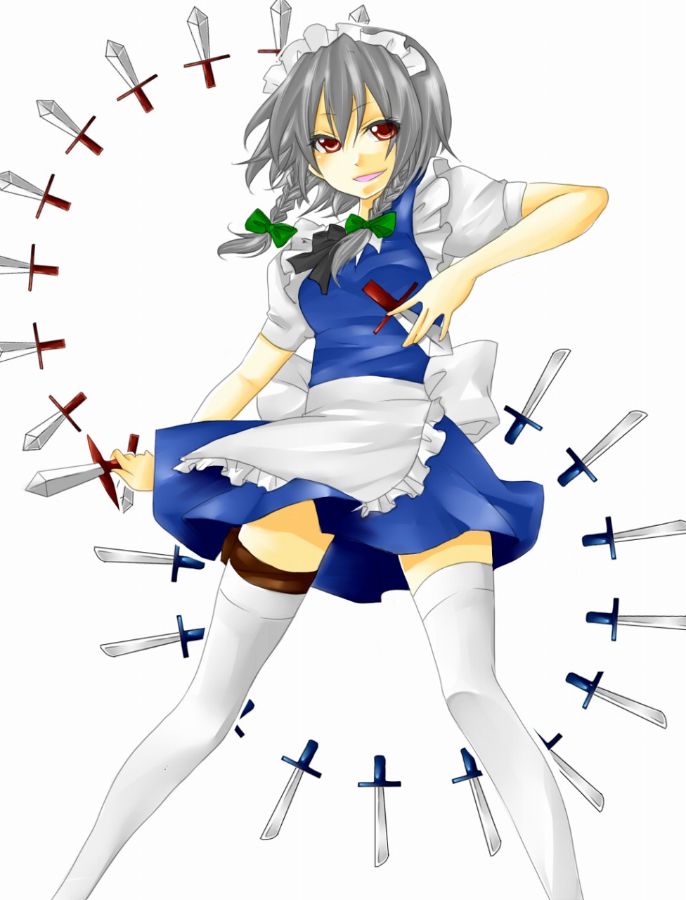 yoshi-toki, izayoi sakuya, touhou, silver hair, highres, 1girl, braid, dress, female focus, knife, maid, solo, thigh strap, throwing knife, weapon, white background