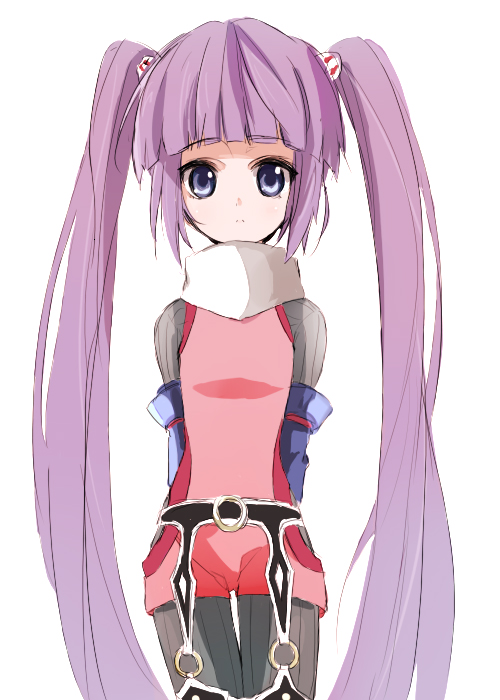 maromi (am97), sophie (tales), tales of (series), tales of graces, 1girl, arms behind back, female focus, long hair, o-ring, purple eyes, purple hair, solo, twintails