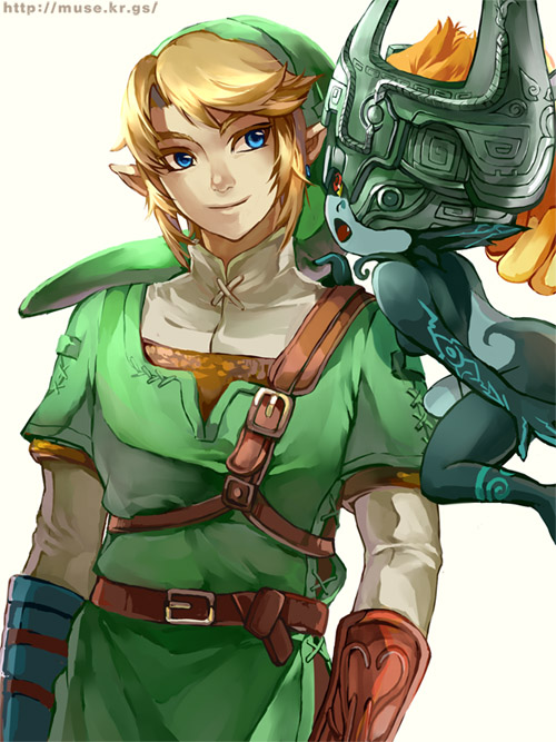 muse (rainforest), link, midna, nintendo, the legend of zelda, the legend of zelda: twilight princess, 1boy, 1girl, blonde hair, blue eyes, earrings, fang, gloves, hat, helmet, jewelry, pointy ears, red eyes, smile